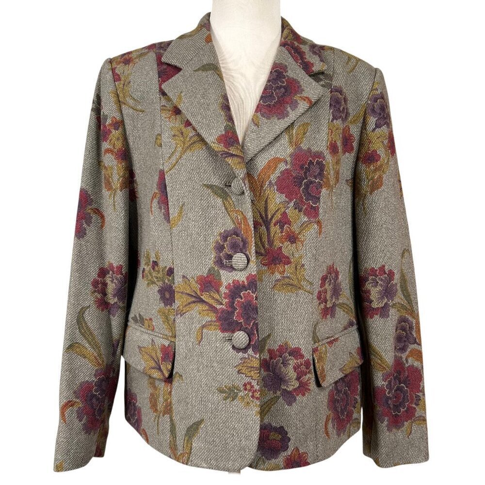 Pendleton Tan Fall Colors Floral Wool Gabardine Blazer Jacket Size 12